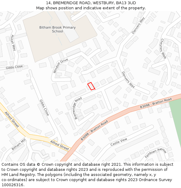 14, BREMERIDGE ROAD, WESTBURY, BA13 3UD: Location map and indicative extent of plot