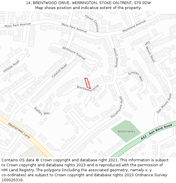 14, BRENTWOOD DRIVE, WERRINGTON, STOKE-ON-TRENT, ST9 0DW: Location map and indicative extent of plot