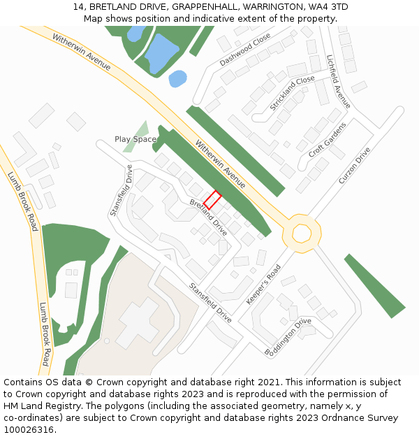 14, BRETLAND DRIVE, GRAPPENHALL, WARRINGTON, WA4 3TD: Location map and indicative extent of plot