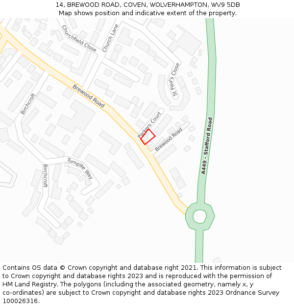 14, BREWOOD ROAD, COVEN, WOLVERHAMPTON, WV9 5DB: Location map and indicative extent of plot