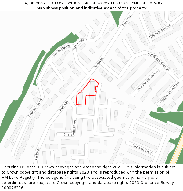 14, BRIARSYDE CLOSE, WHICKHAM, NEWCASTLE UPON TYNE, NE16 5UG: Location map and indicative extent of plot