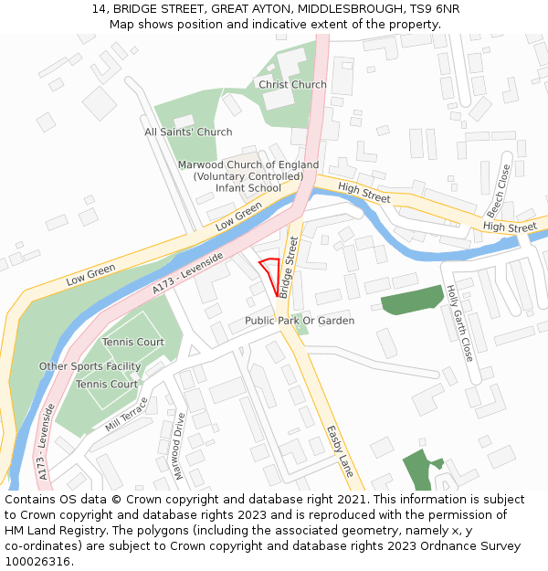 14, BRIDGE STREET, GREAT AYTON, MIDDLESBROUGH, TS9 6NR: Location map and indicative extent of plot