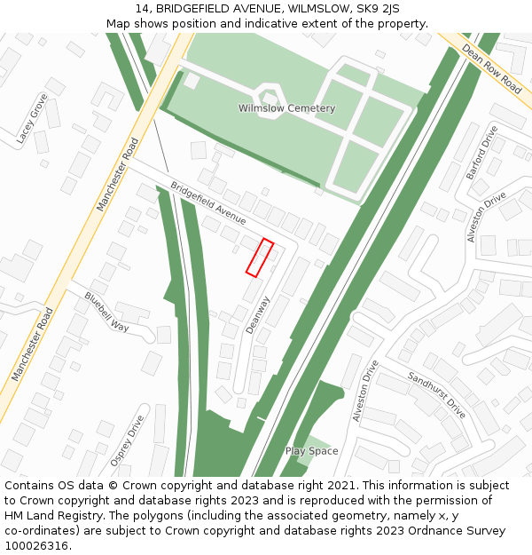 14, BRIDGEFIELD AVENUE, WILMSLOW, SK9 2JS: Location map and indicative extent of plot