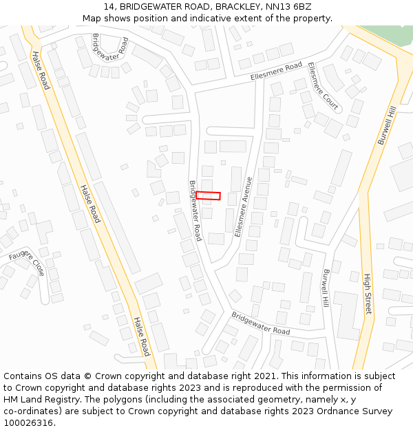 14, BRIDGEWATER ROAD, BRACKLEY, NN13 6BZ: Location map and indicative extent of plot