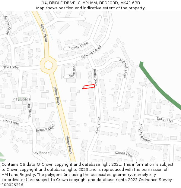 14, BRIDLE DRIVE, CLAPHAM, BEDFORD, MK41 6BB: Location map and indicative extent of plot