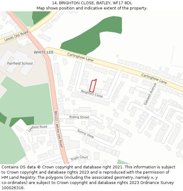 14, BRIGHTON CLOSE, BATLEY, WF17 8DL: Location map and indicative extent of plot