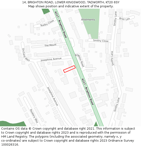 14, BRIGHTON ROAD, LOWER KINGSWOOD, TADWORTH, KT20 6SY: Location map and indicative extent of plot