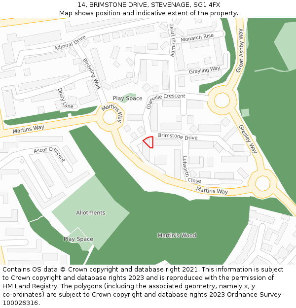 14, BRIMSTONE DRIVE, STEVENAGE, SG1 4FX: Location map and indicative extent of plot