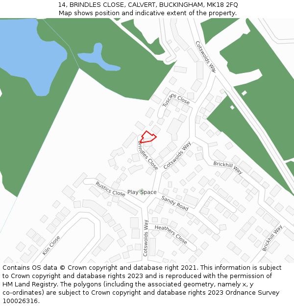 14, BRINDLES CLOSE, CALVERT, BUCKINGHAM, MK18 2FQ: Location map and indicative extent of plot