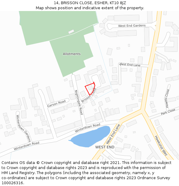 14, BRISSON CLOSE, ESHER, KT10 8JZ: Location map and indicative extent of plot