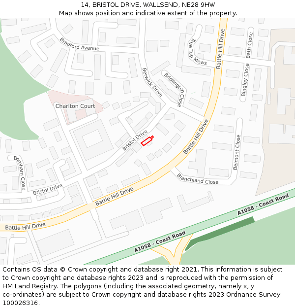 14, BRISTOL DRIVE, WALLSEND, NE28 9HW: Location map and indicative extent of plot