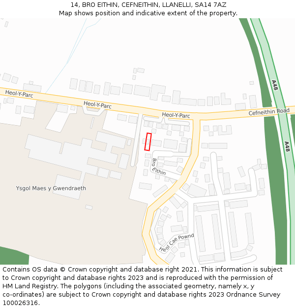 14, BRO EITHIN, CEFNEITHIN, LLANELLI, SA14 7AZ: Location map and indicative extent of plot