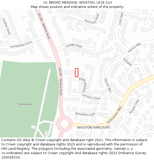 14, BROAD MEADOW, WIGSTON, LE18 1LH: Location map and indicative extent of plot