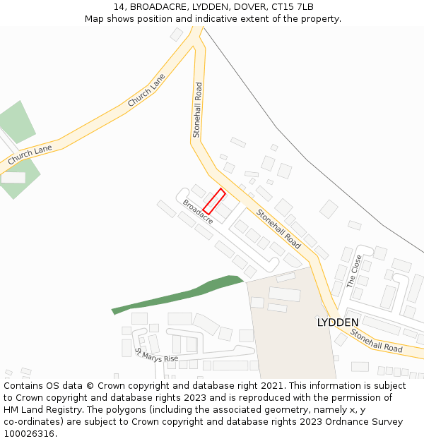 14, BROADACRE, LYDDEN, DOVER, CT15 7LB: Location map and indicative extent of plot