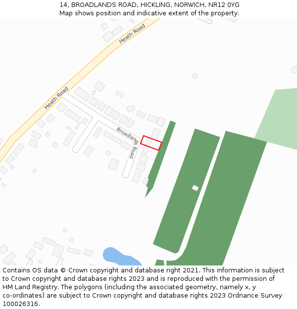 14, BROADLANDS ROAD, HICKLING, NORWICH, NR12 0YG: Location map and indicative extent of plot