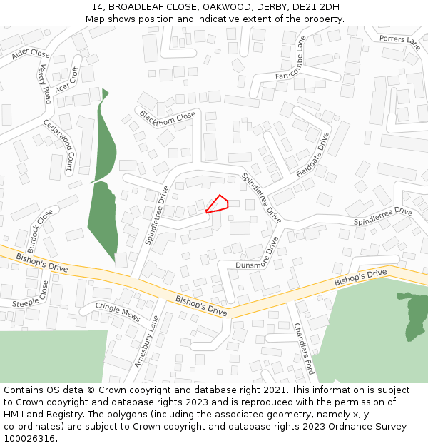 14, BROADLEAF CLOSE, OAKWOOD, DERBY, DE21 2DH: Location map and indicative extent of plot