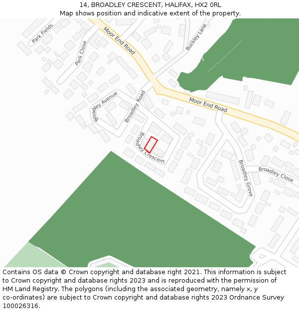 14, BROADLEY CRESCENT, HALIFAX, HX2 0RL: Location map and indicative extent of plot