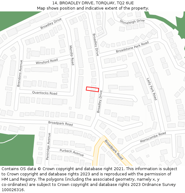 14, BROADLEY DRIVE, TORQUAY, TQ2 6UE: Location map and indicative extent of plot