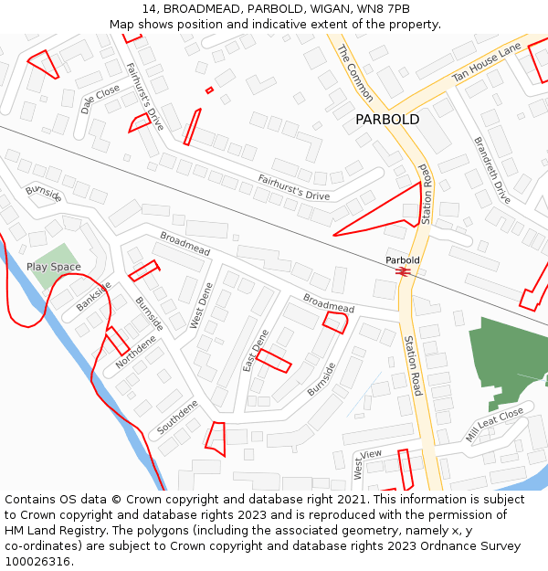 14, BROADMEAD, PARBOLD, WIGAN, WN8 7PB: Location map and indicative extent of plot