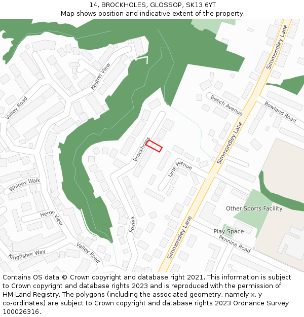 14, BROCKHOLES, GLOSSOP, SK13 6YT: Location map and indicative extent of plot