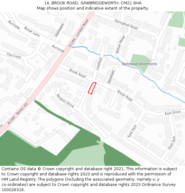 14, BROOK ROAD, SAWBRIDGEWORTH, CM21 9HA: Location map and indicative extent of plot