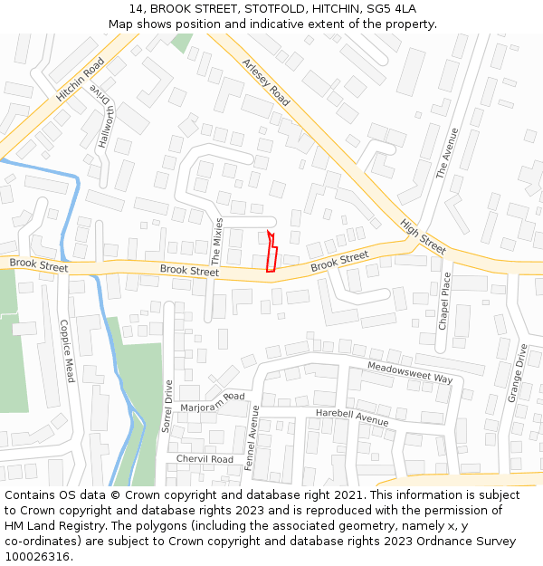 14, BROOK STREET, STOTFOLD, HITCHIN, SG5 4LA: Location map and indicative extent of plot