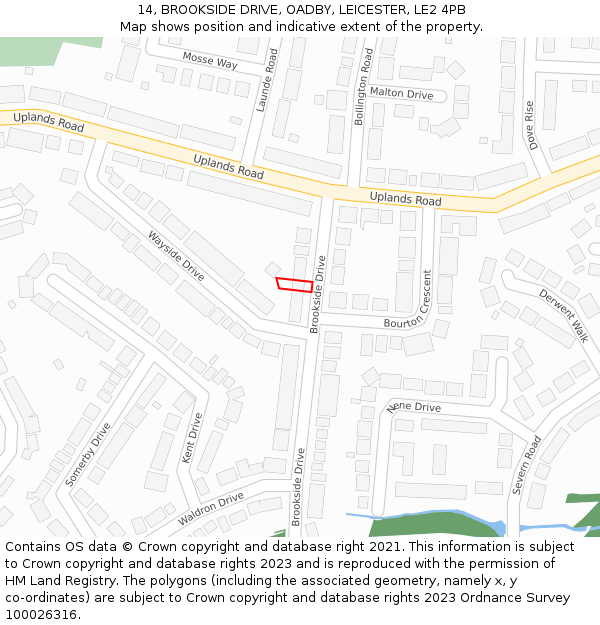 14, BROOKSIDE DRIVE, OADBY, LEICESTER, LE2 4PB: Location map and indicative extent of plot