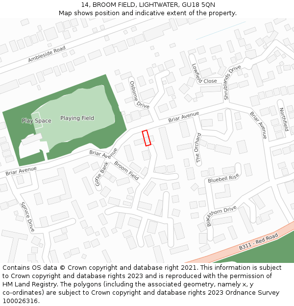 14, BROOM FIELD, LIGHTWATER, GU18 5QN: Location map and indicative extent of plot