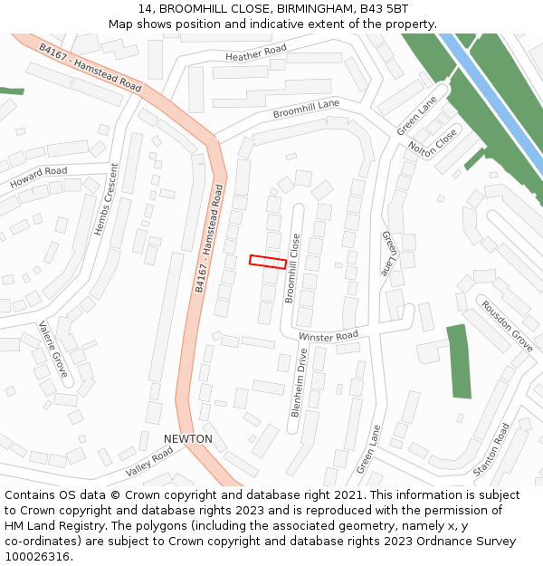 14, BROOMHILL CLOSE, BIRMINGHAM, B43 5BT: Location map and indicative extent of plot