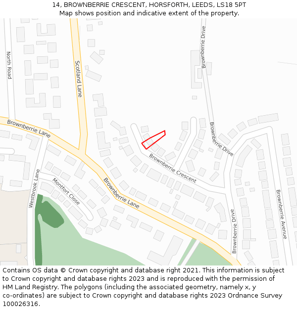 14, BROWNBERRIE CRESCENT, HORSFORTH, LEEDS, LS18 5PT: Location map and indicative extent of plot