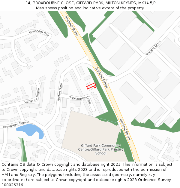 14, BROXBOURNE CLOSE, GIFFARD PARK, MILTON KEYNES, MK14 5JP: Location map and indicative extent of plot