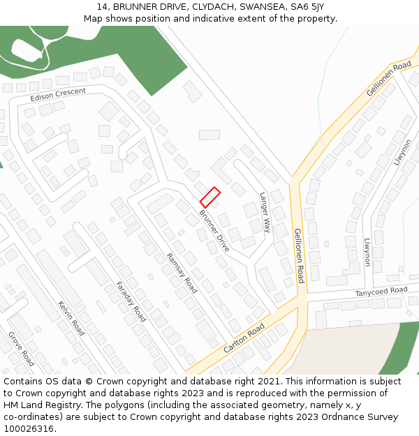 14, BRUNNER DRIVE, CLYDACH, SWANSEA, SA6 5JY: Location map and indicative extent of plot