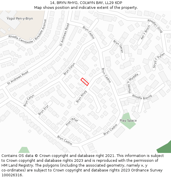 14, BRYN RHYG, COLWYN BAY, LL29 6DP: Location map and indicative extent of plot