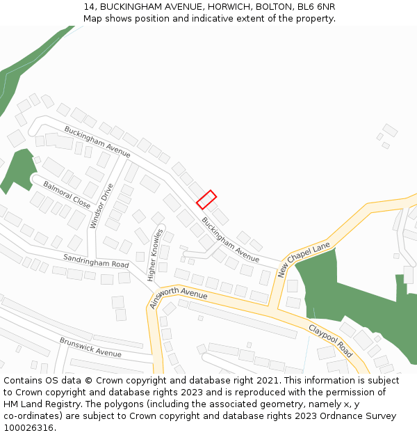 14, BUCKINGHAM AVENUE, HORWICH, BOLTON, BL6 6NR: Location map and indicative extent of plot