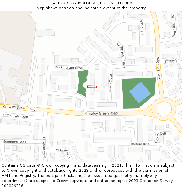 14, BUCKINGHAM DRIVE, LUTON, LU2 9RA: Location map and indicative extent of plot