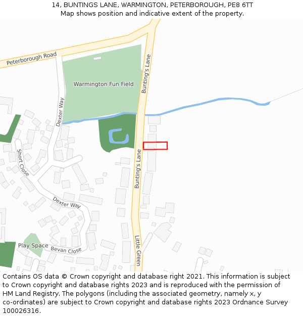 14, BUNTINGS LANE, WARMINGTON, PETERBOROUGH, PE8 6TT: Location map and indicative extent of plot