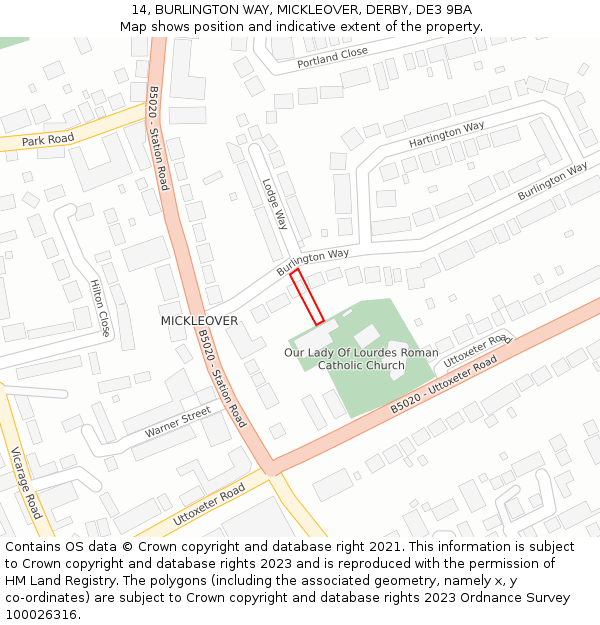 14, BURLINGTON WAY, MICKLEOVER, DERBY, DE3 9BA: Location map and indicative extent of plot