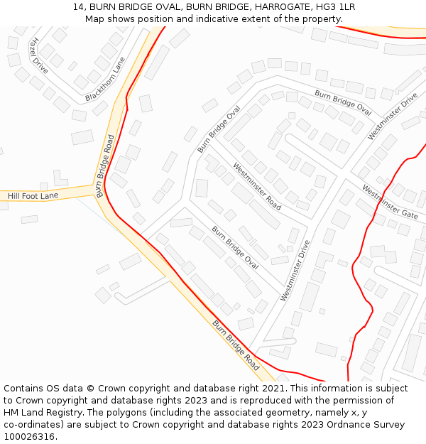 14, BURN BRIDGE OVAL, BURN BRIDGE, HARROGATE, HG3 1LR: Location map and indicative extent of plot