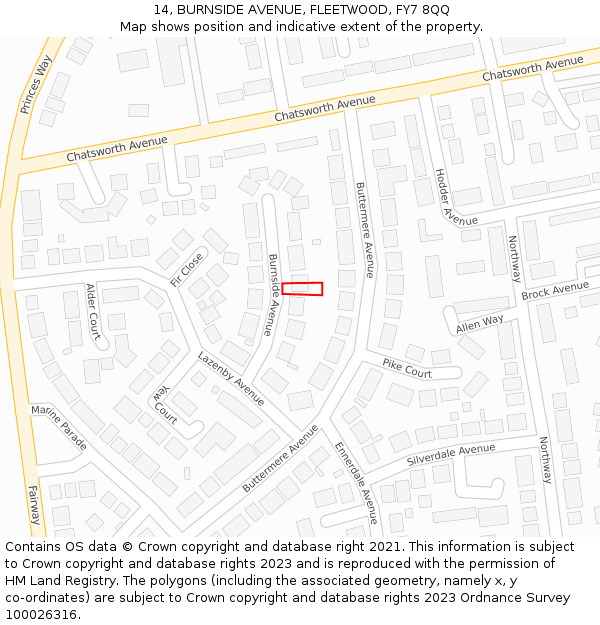 14, BURNSIDE AVENUE, FLEETWOOD, FY7 8QQ: Location map and indicative extent of plot