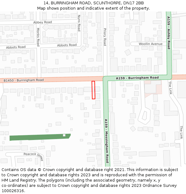 14, BURRINGHAM ROAD, SCUNTHORPE, DN17 2BB: Location map and indicative extent of plot