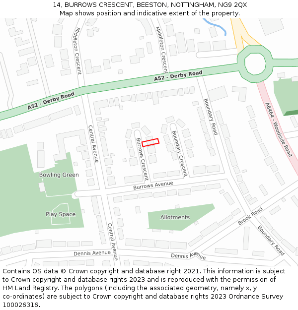 14, BURROWS CRESCENT, BEESTON, NOTTINGHAM, NG9 2QX: Location map and indicative extent of plot