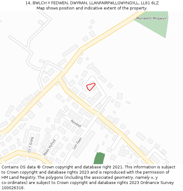 14, BWLCH Y FEDWEN, DWYRAN, LLANFAIRPWLLGWYNGYLL, LL61 6LZ: Location map and indicative extent of plot