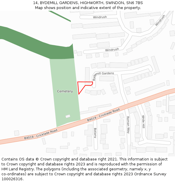 14, BYDEMILL GARDENS, HIGHWORTH, SWINDON, SN6 7BS: Location map and indicative extent of plot