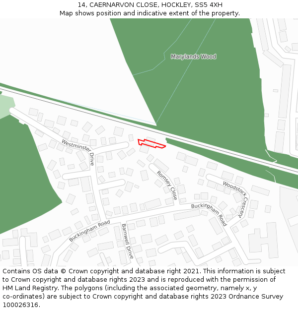 14, CAERNARVON CLOSE, HOCKLEY, SS5 4XH: Location map and indicative extent of plot