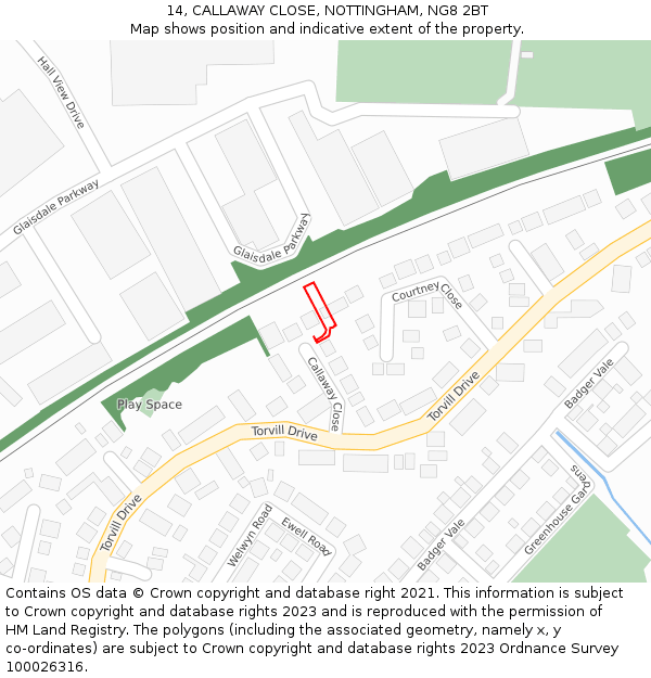 14, CALLAWAY CLOSE, NOTTINGHAM, NG8 2BT: Location map and indicative extent of plot