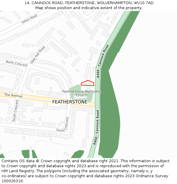 14, CANNOCK ROAD, FEATHERSTONE, WOLVERHAMPTON, WV10 7AD: Location map and indicative extent of plot