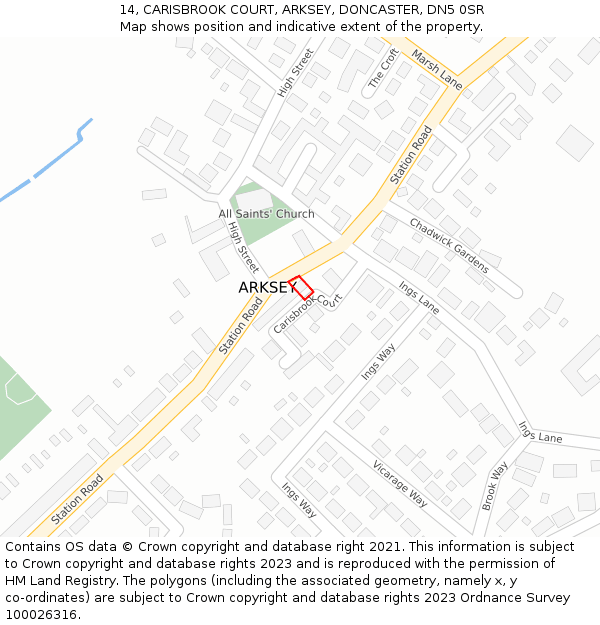 14, CARISBROOK COURT, ARKSEY, DONCASTER, DN5 0SR: Location map and indicative extent of plot