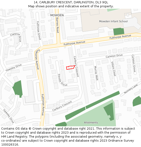 14, CARLBURY CRESCENT, DARLINGTON, DL3 9QL: Location map and indicative extent of plot