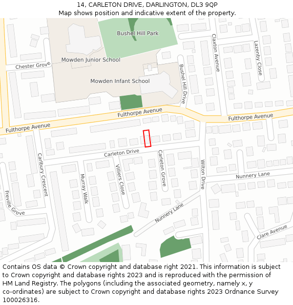 14, CARLETON DRIVE, DARLINGTON, DL3 9QP: Location map and indicative extent of plot