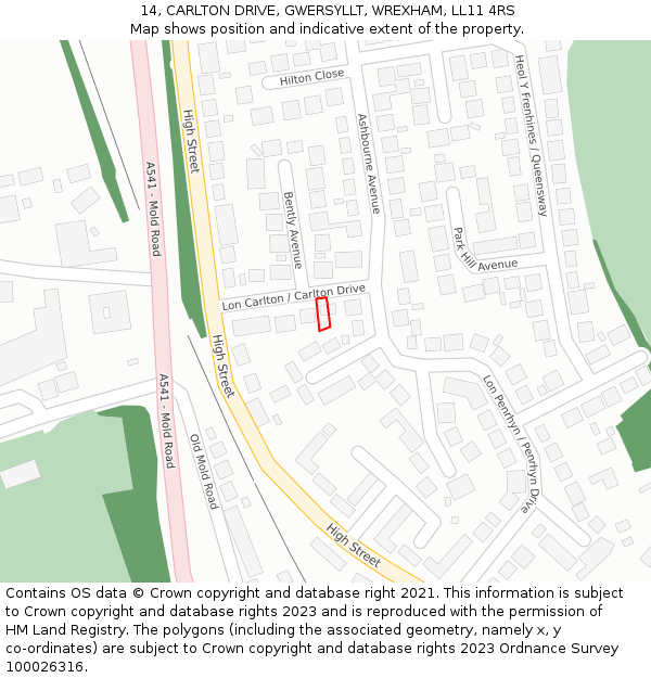 14, CARLTON DRIVE, GWERSYLLT, WREXHAM, LL11 4RS: Location map and indicative extent of plot